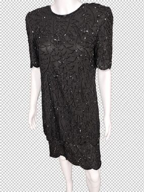 Vintage Small Black JMD New York Size 100% Silk Beaded Scalloped Dress